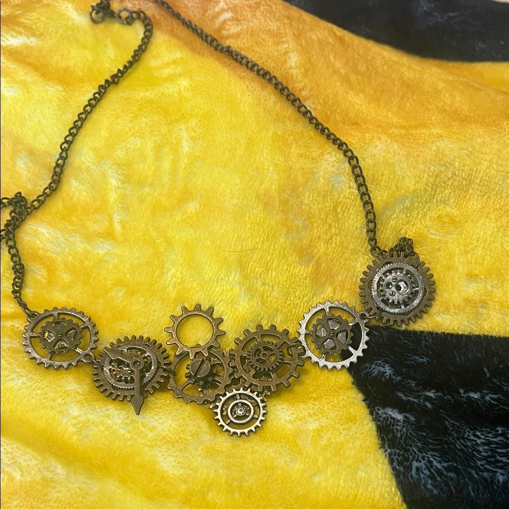 Steampunk Gear Statement Necklace - Antique Brass